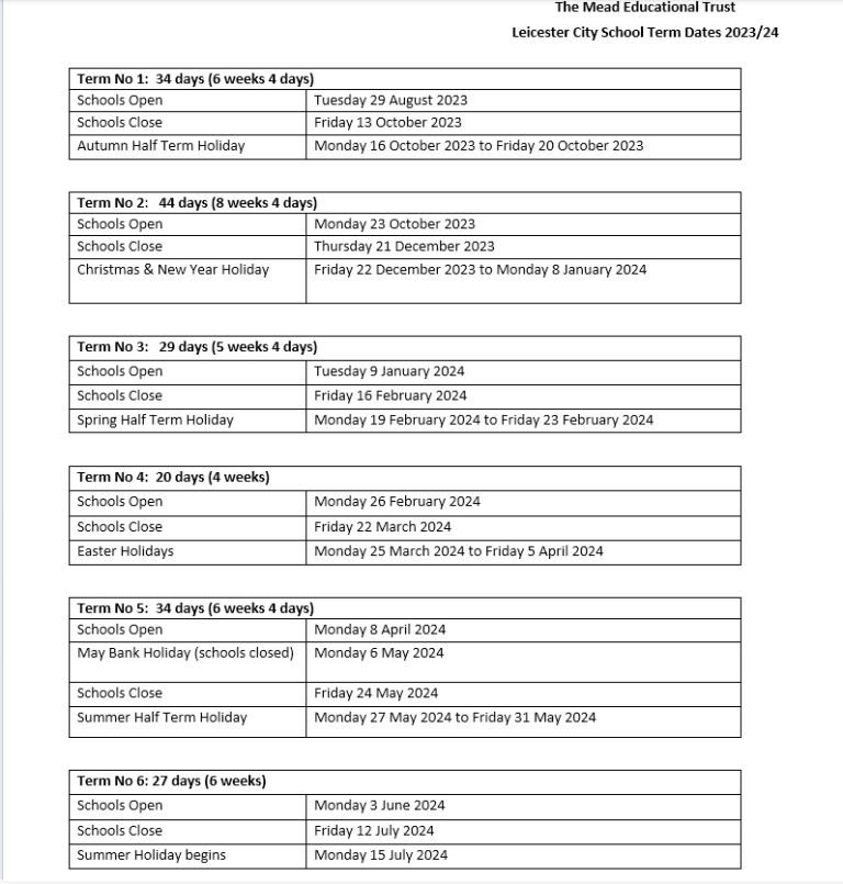 Term Dates Rowlatts Mead Primary Academy TMET Leicester MAT